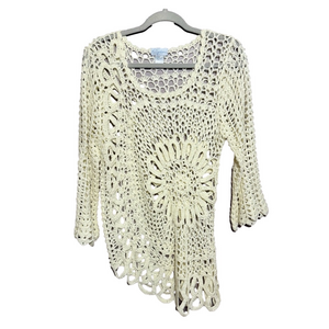 K. Jordan Y2K Crochet Lace Top Ivory Asymmetrical Hem Bohemian Women's Large